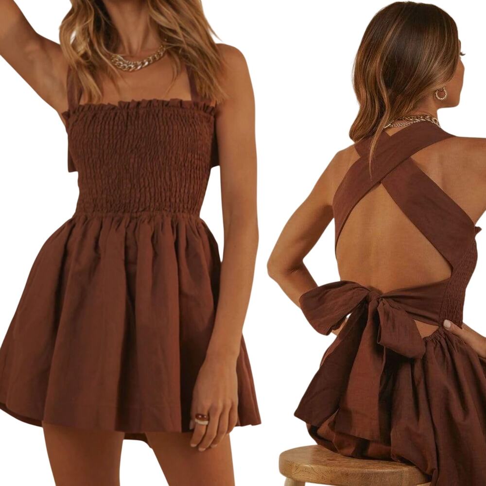 Peppermayo Brown Smocked Bust Mini Dress with Back Tie